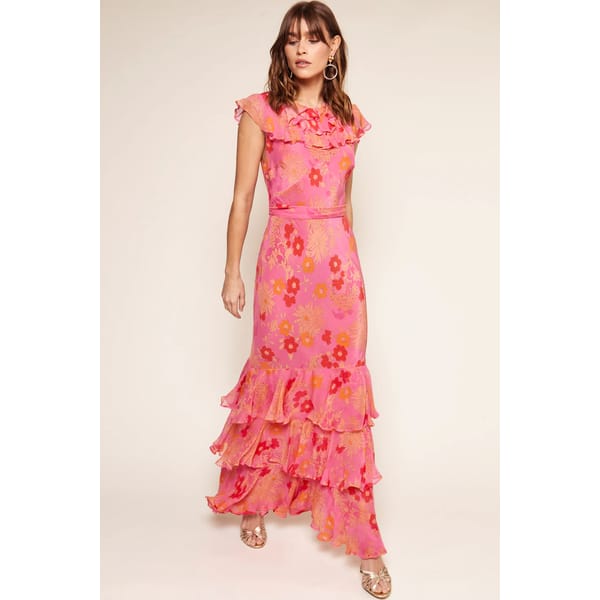 model wearing pink floral rixo Rio Ruffled Silk Gown