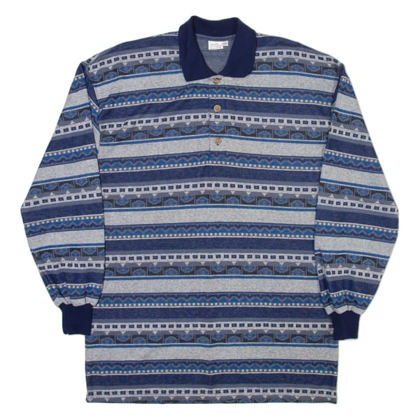 go thrift Mens Polo Shirt Blue Striped Long Sleeve L