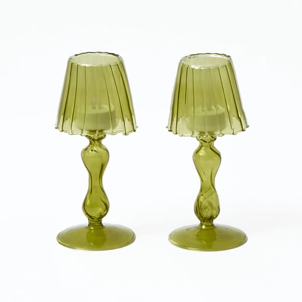 MRS ALICE Olive Glass Lantern Tea Light Holder (Pair) - 18 cm