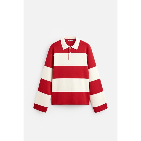 zara striped knit polo shirt in red and white