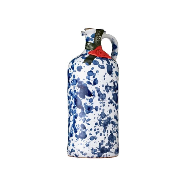 blue splatter olive oil bottle