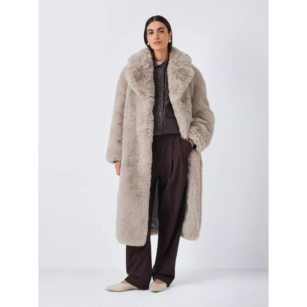 model wearing John Lewis Faux Fur Cocoon Long Coat, Neutral
