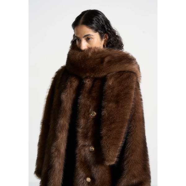 model wearing Fur Oversized Coat with Scarf - Brown