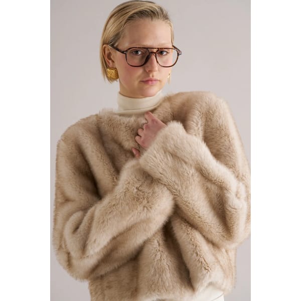 model wears MARCELA Misa Faux Fur Jacket Smoked Crema