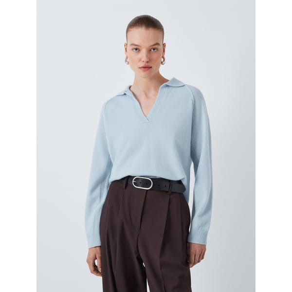 model wears Cashmere Collar Jumper, Blue