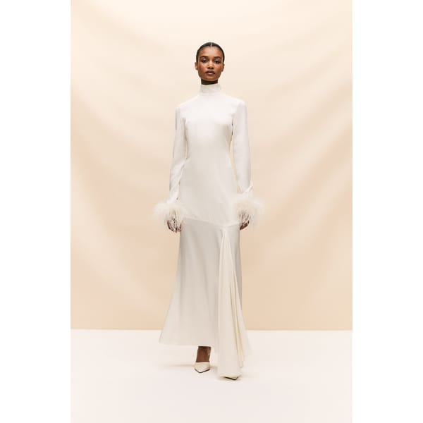 model wearing COSMOPOLITAN MAXI DRESS IN IVORY SILK SATIN (MADE TO ORDER)