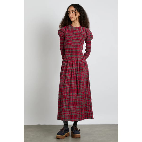model wearing red DAMSON MADDER alice shirred midi dress- red check