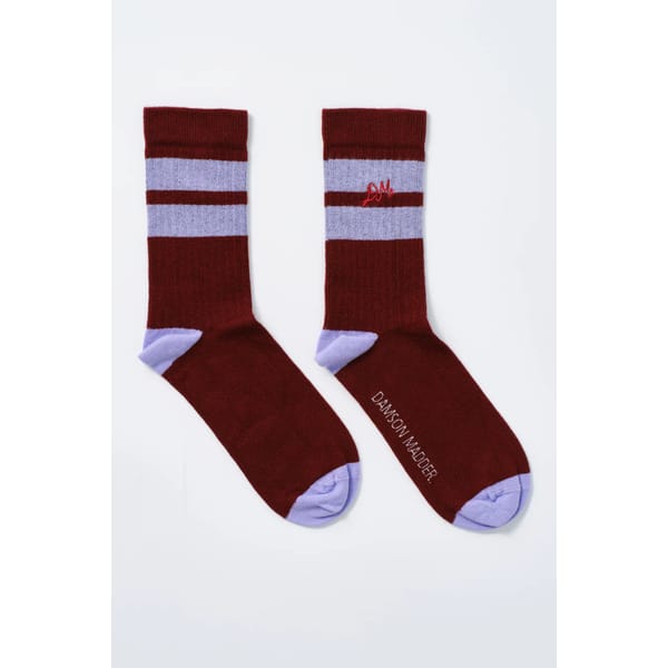 calf length socks - burgundy & lilac stripe