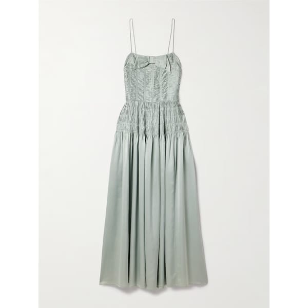 DÔEN Ambrosia bow-detailed shirred silk-satin midi dress