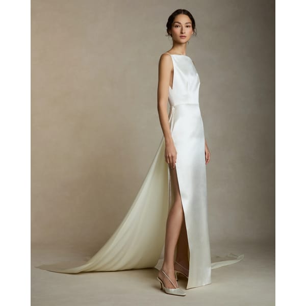 model in silk white wedding dress