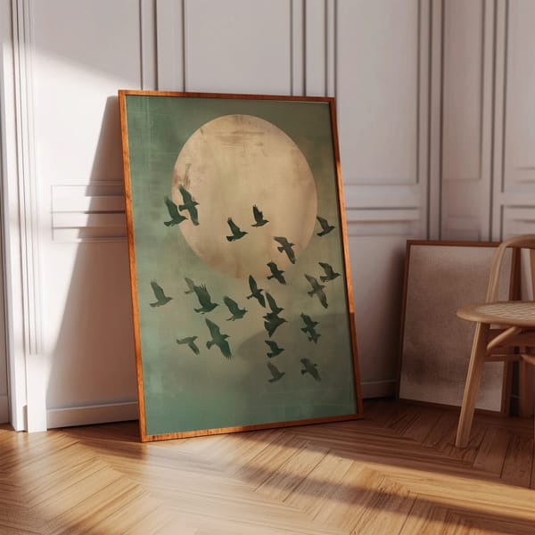 ETSY Green and Gold Wall Art, Flying Cranes, Sage Green Decor, Japanese Art, Sun, Abstract Art Print, Birds, Living Room Decor, Large, Japandi