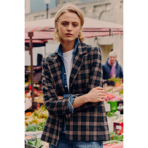 model wearingKIPPER CLUB Pigeon Blazer in tartan