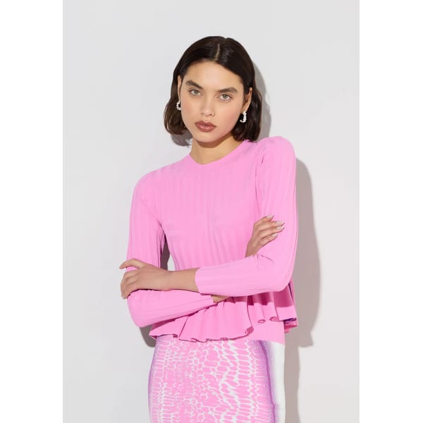 model wearing dakota long sleeve pullover top in pink