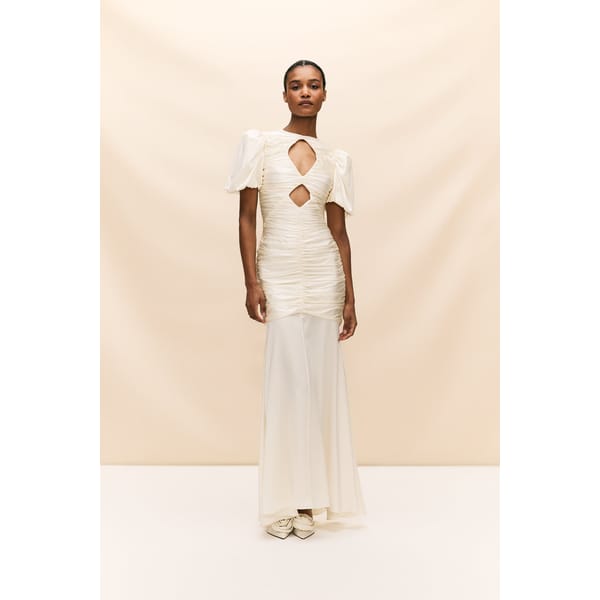 model wearing OLYMPIA MAXI DRESS IN IVORY SILK SATIN (MADE TO ORDER)