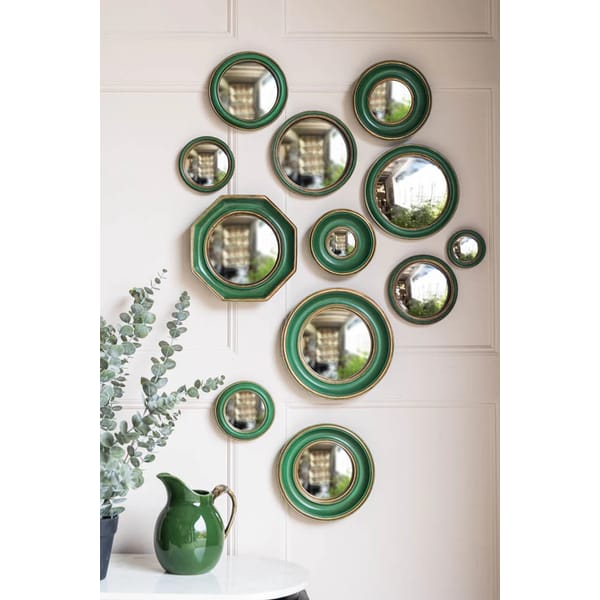 ROCKETT ST GEORGE Set of 12 Antique Green & Gold Convex Framed Mirrors