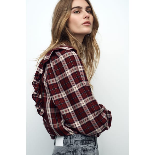 model wearing ZARA CHECK SHIRT WITH METALLIC THREAD