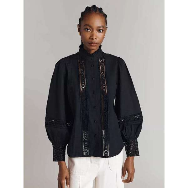 model wearing Ghost Kady Openwork Lace Insert Balloon Sleeve Shirt