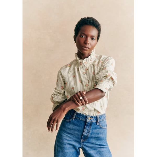 model wears Sézane Louna shirt Embroidery Stripes Flowers £105