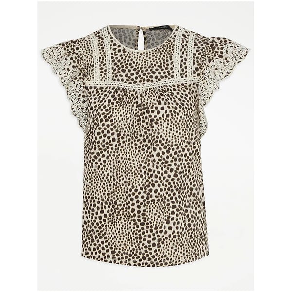 Animal Print Broderie Frill Sleeve T-Shirt