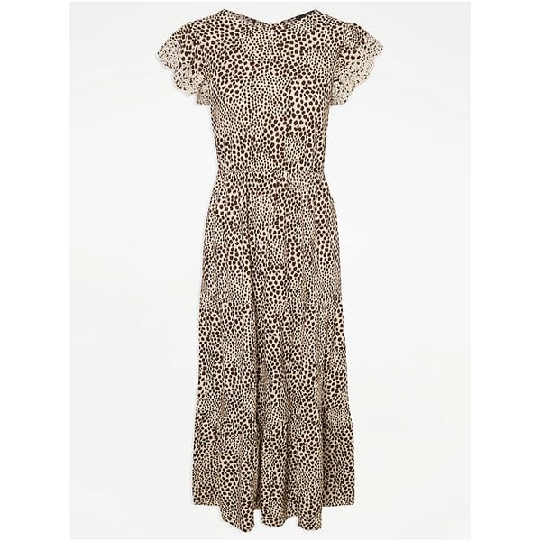Animal Print Broderie Sleeve Tiered Midi Dress