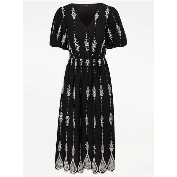 Black Broderie Short Puff Sleeve Tie Waist Midi Dress