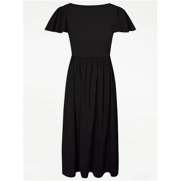 Black Short Frill Sleeve Ribbed Top Midi Dress 1