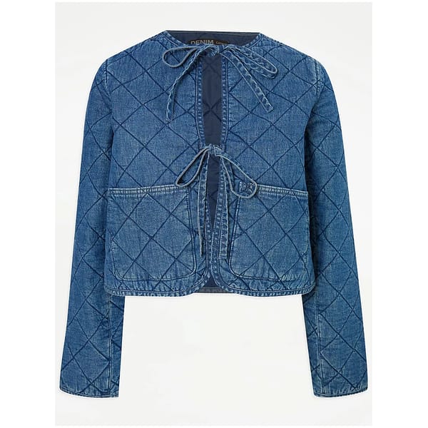 Blue Chambray Tie Front Quilted Linen Blend Jacket