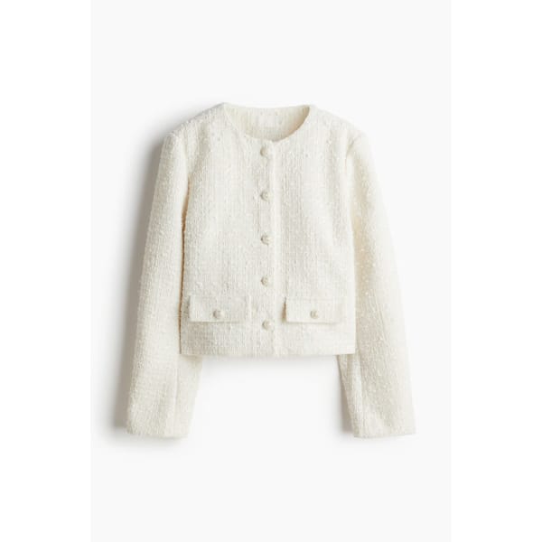 white bouclé jacket