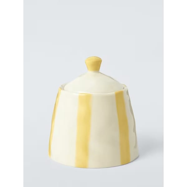 JL Hand Painted Stripe Stoneware Sugar Pot & Lid, 200ml, Light Yellow