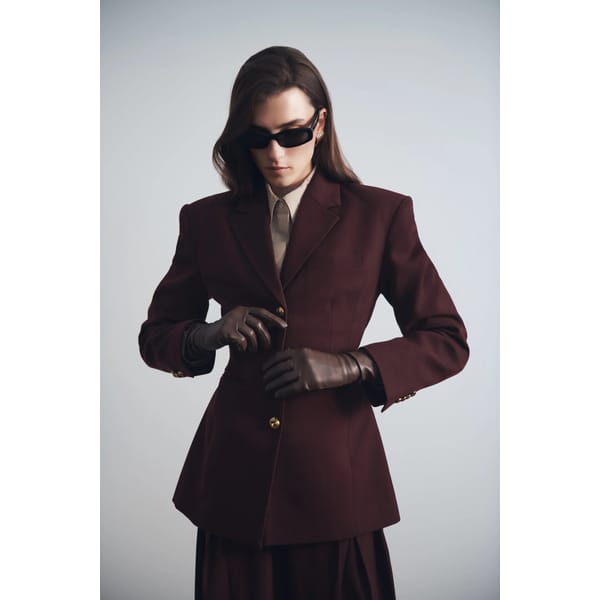 model wearing meshki Bellamy Cinched Blazer - Mahogany