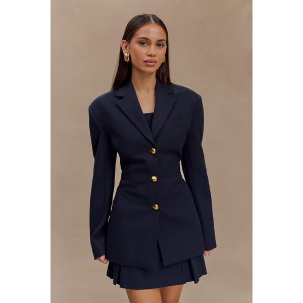 model wears Cinched Blazer - Dark Navy