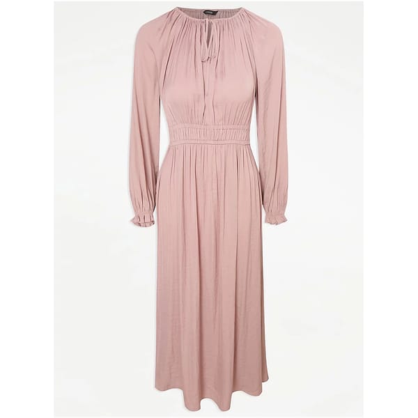 Pink Long Sleeve Tie Neck Midi Dress