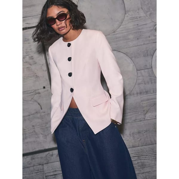 model wearing River Island Scoop Neck Blazer - Pink