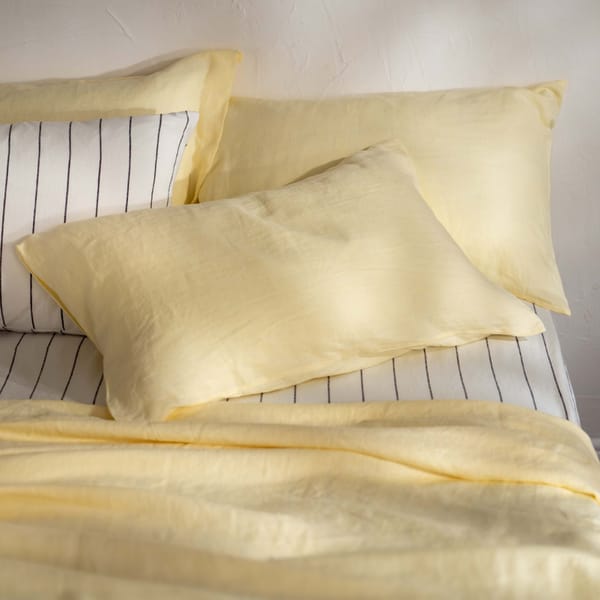 SOAK & SLEEP Lemon Yellow French Linen Double 40cm Fitted Sheet