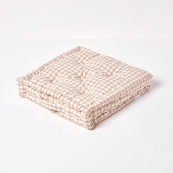 HOMESCAPES Beige & White GINGHAM Check Floor Cushion - 100% Cotton - 40 x 40 x 8 cm Square - Indoor - Garden - Dining chair booster Seat Cushion Pad