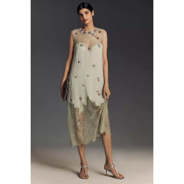model wearing ANTHRO Forever That Girl Floral Appliqué Sleeveless Midi Dress