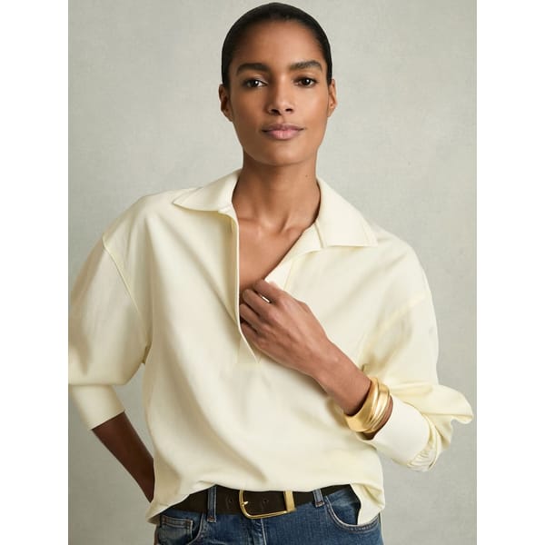 model wearing Isobel Overhead Open-Collar Shirt With Linen in Pale Yellow