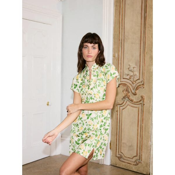 model wearing Kitri Gretchen Yellow Rose Printed Jacquard Mini Dress