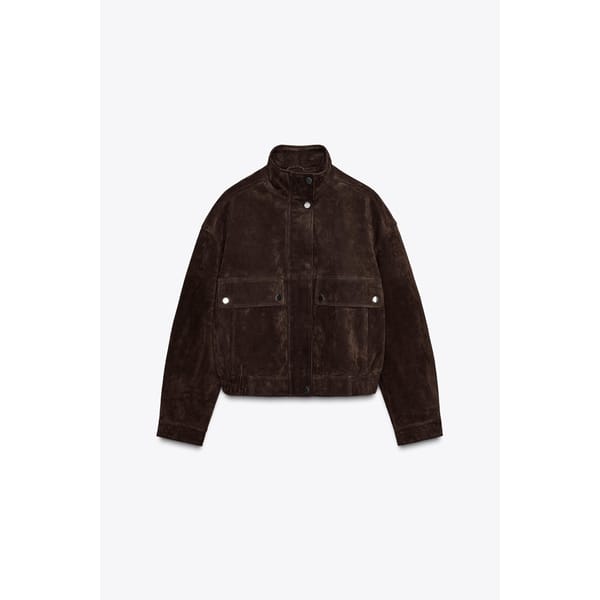 Zara SUEDE LEATHER BOMBER JACKET WITH POCKETS