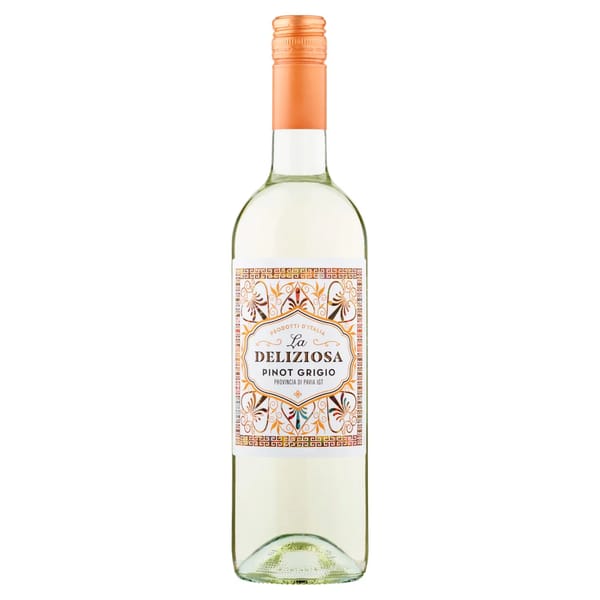 A clear glass bottle of La Deliziosa Pinot Grigio white wine with a light peach-coloured screw cap and a decorative label featuring orange and gold accents—an ideal drink pairing for light bites like crisps.
