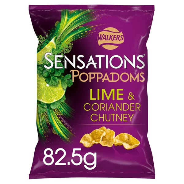 A purple packet of Walkers Sensations Poppadoms crisps, featuring images of lime, coriander, and chutney. The Lime & Coriander Chutney flavour comes in an 82.5g bag—perfect for sharing with drinks or following a pairing guide.