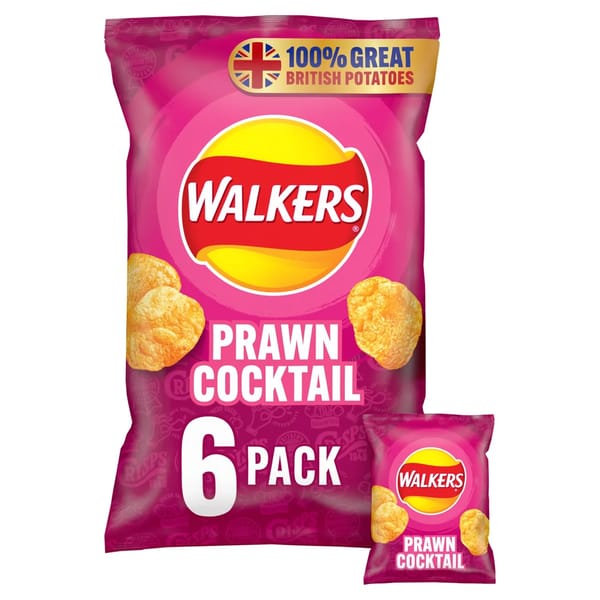 Large pink bag of Walkers Prawn Cocktail crisps with “6 pack” on the front. The packaging features the Walkers logo, images of crisps, and a “100% Great British Potatoes” label—perfect for drinks pairing recommended by food journalists.