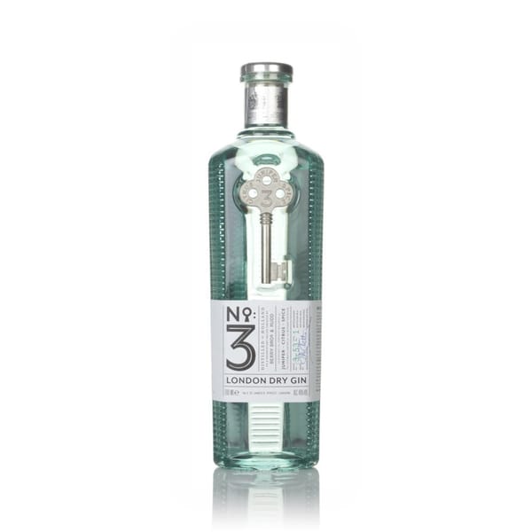 A tall bottle of No. 3 London Dry Gin with a silver cap, embossed key design, and white label displaying the brand name—perfect for a sophisticated drinks guide or an elegant food pairing with crisps.