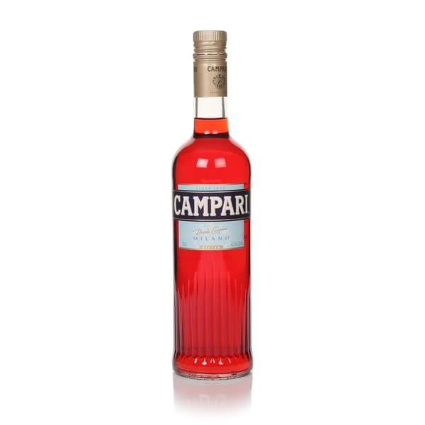 A bottle of Campari, featuring a red liquid, a gold cap, and a silver label with the brand name Campari in bold white letters. Perfect for drinks or food pairing, such as enjoying it alongside your favourite crisps. The bottle stands upright against a white background.