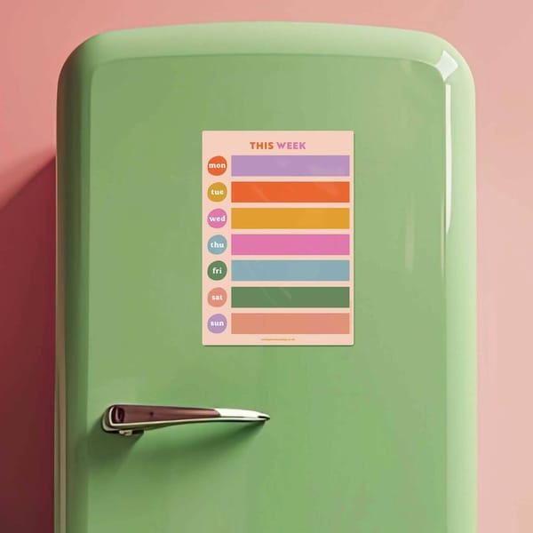 A pastel green retro fridge with a colourful weekly planner and 2026 diaries attached to the door. The planner features bold rows for each day of the week, with blank spaces for notes or tasks.