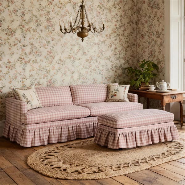 A sitting room with a pink gingham ruffled granny sofa and matching ottoman, floral wallpaper, a round woven rug, a wooden table with a teapot set, floral cushions, a plant, and a vintage brass chandelier.