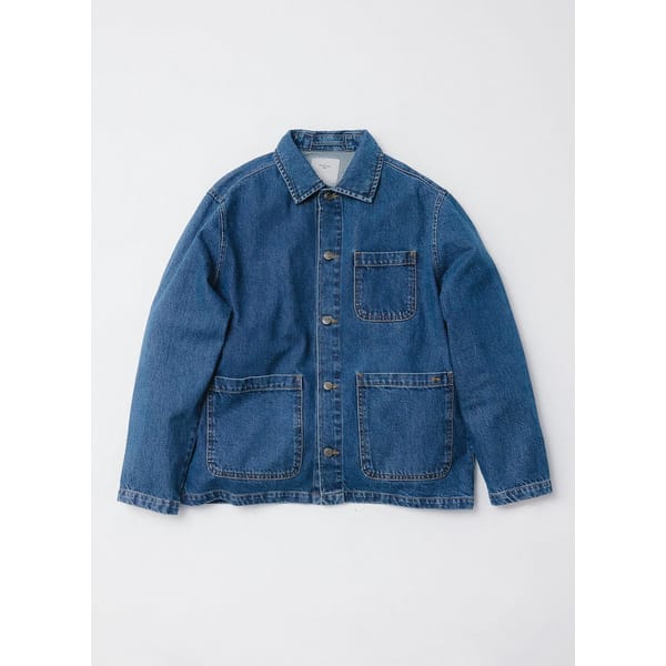 A blue denim jacket with long sleeves, a collar, metal buttons down the front, and three front patch pockets—perfect for experimenting with new style tips for men against a plain white background.