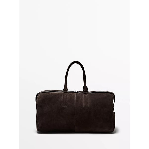 A dark brown suede duffle bag with two handles, a rectangular shape, and a zip fastening—an essential accessory inspired by top style tips for men—displayed against a plain white background.
