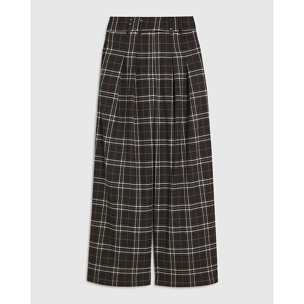 Wide-leg pleated trousers with a high waist and front pleats, featuring a brown, black, and white checked pattern. These trousers have belt loops and a tailored look.