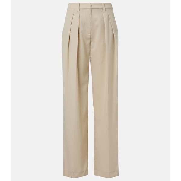 Beige high-waisted pleated trousers with wide legs, front pleats, belt loops, and a concealed front fastening, displayed against a white background.